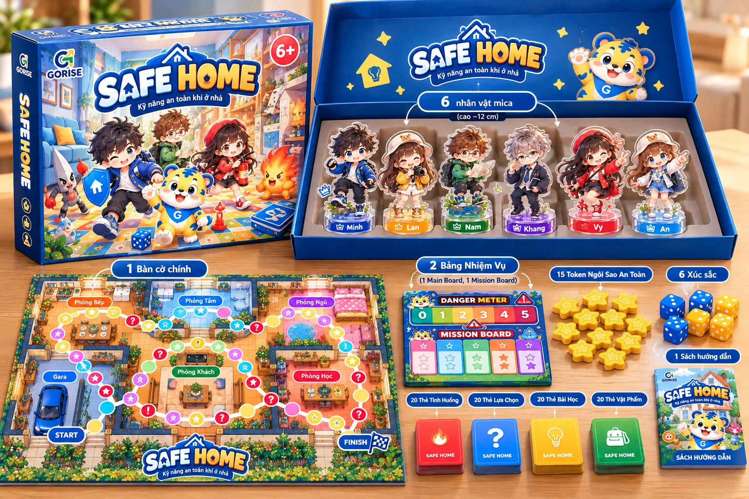 Bộ board game Safe Home của GORISE gồm bàn chơi, nhân vật và các thẻ tình huống an toàn